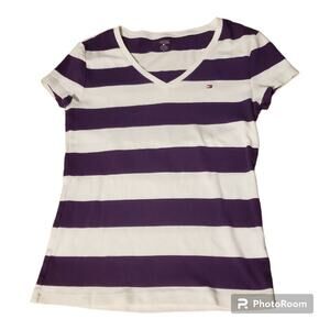 Tommy Hilfiger Medium Purple and White Striped Short Sleeve V-Neck T-Shirt